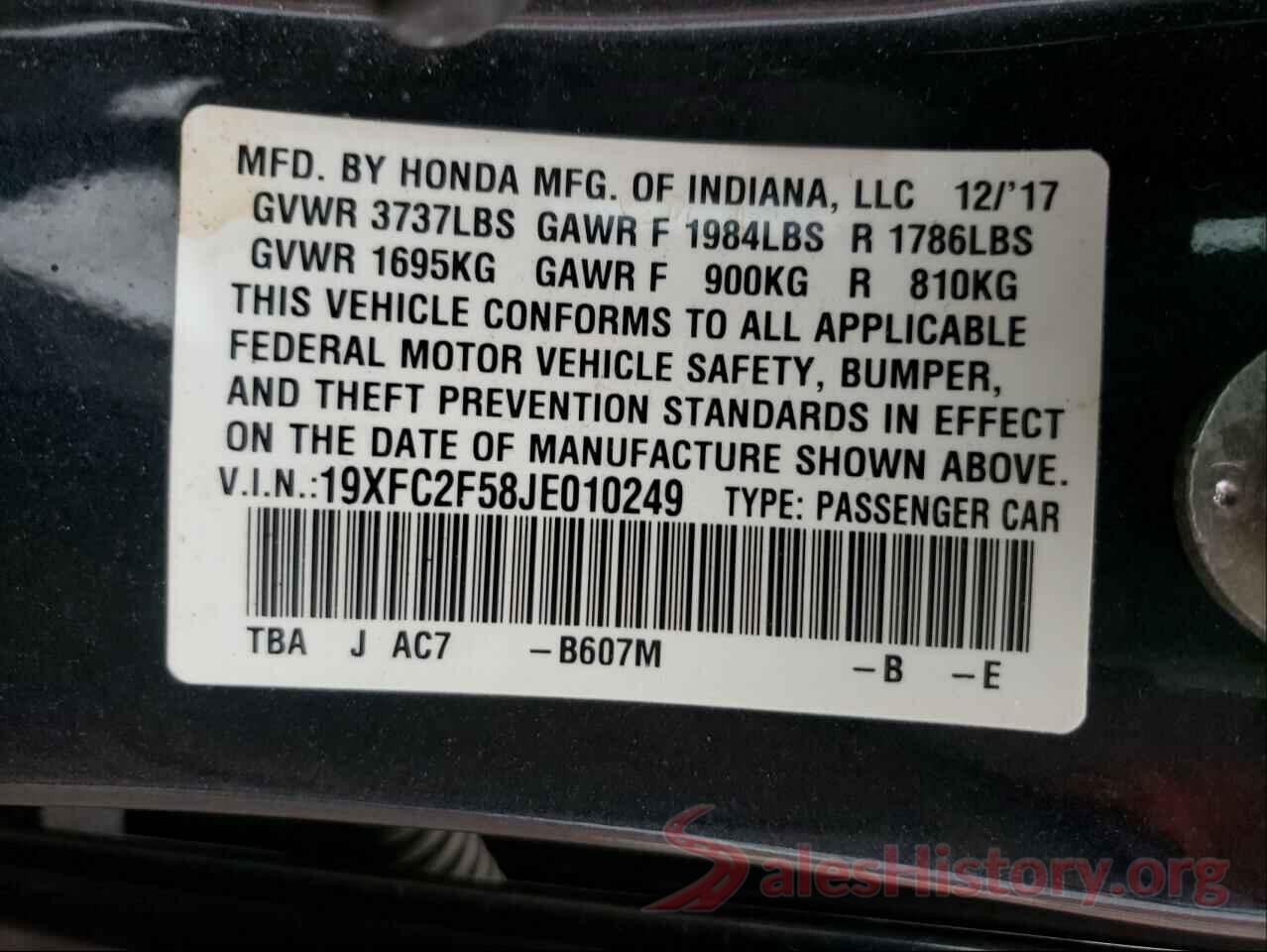 19XFC2F58JE010249 2018 HONDA CIVIC