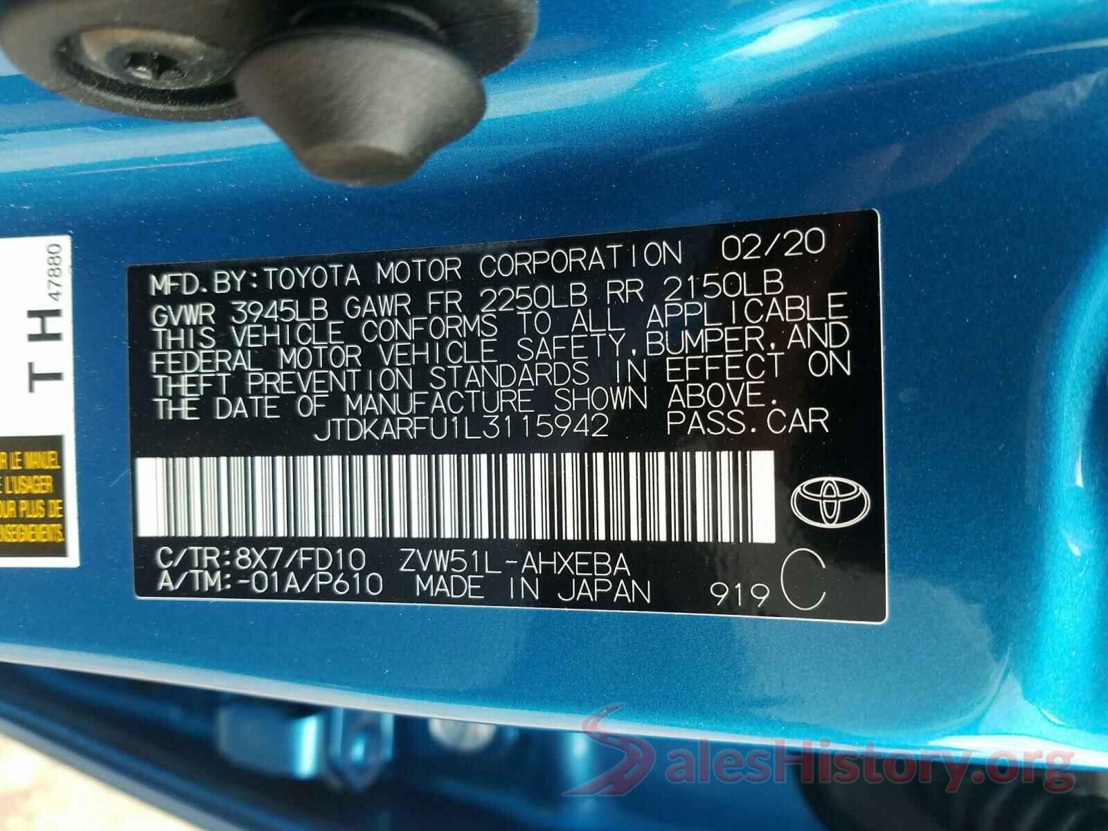 JTDKARFU1L3115942 2020 TOYOTA PRIUS