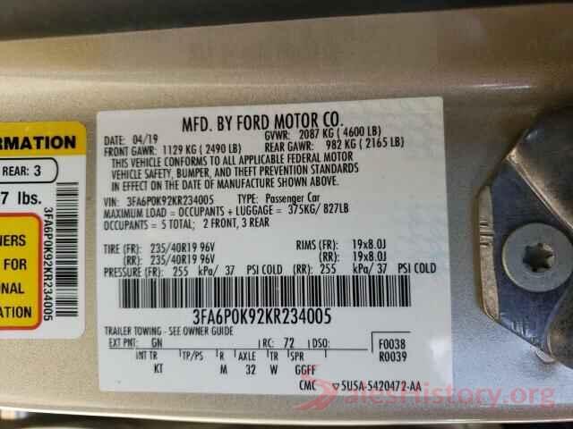 3FA6P0K92KR234005 2019 FORD FUSION