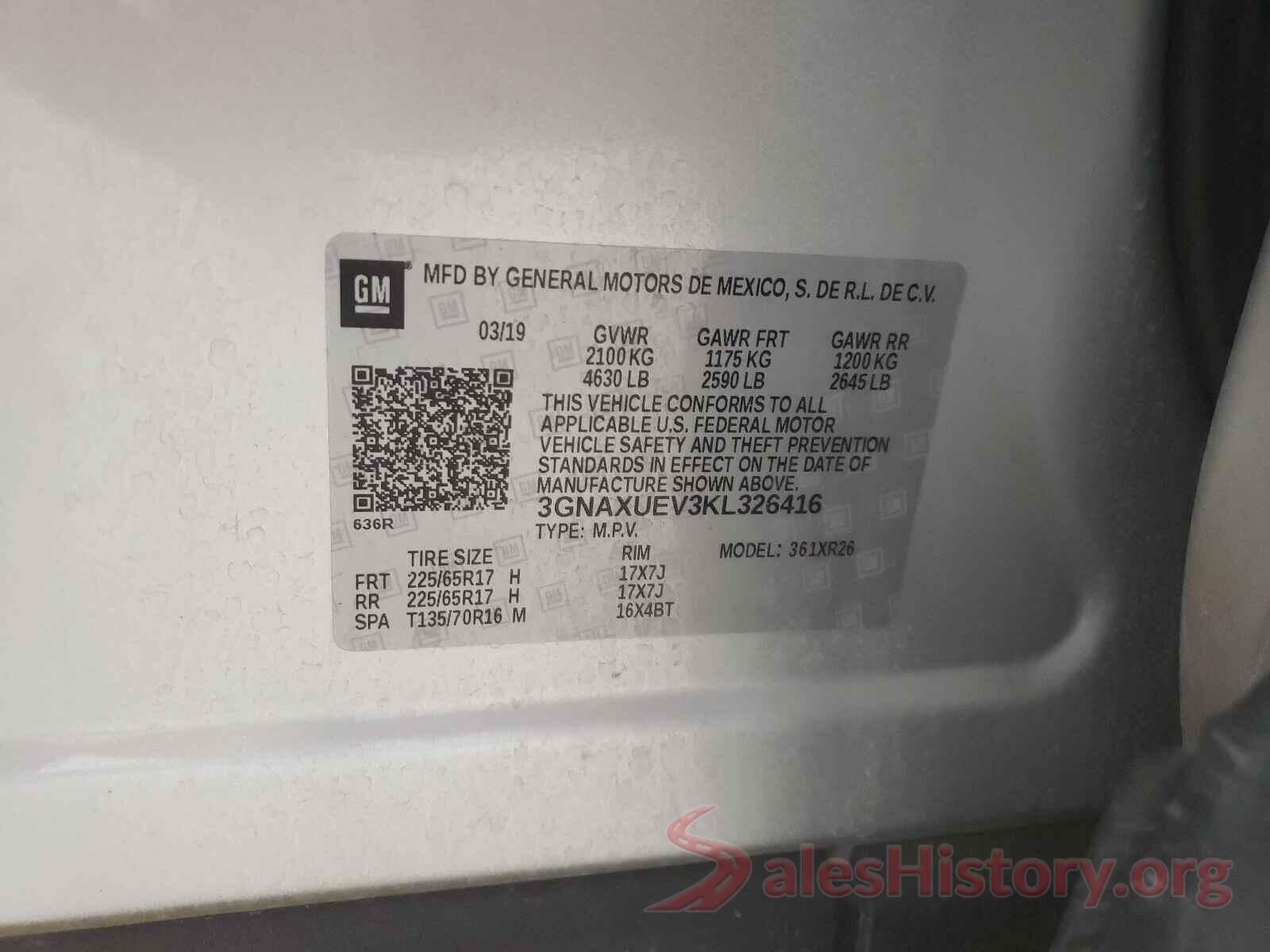 3GNAXUEV3KL326416 2019 CHEVROLET EQUINOX