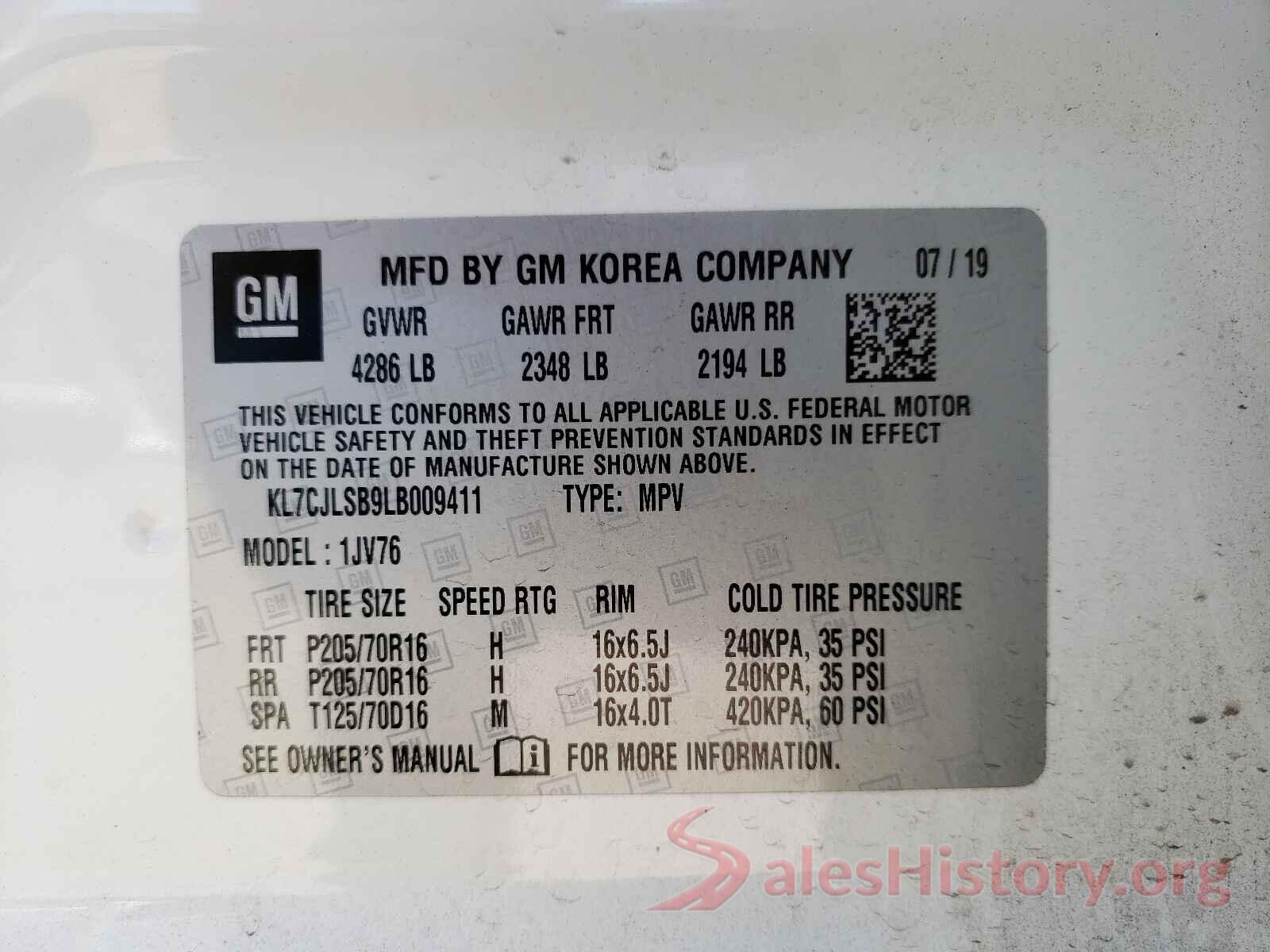 KL7CJLSB9LB009411 2020 CHEVROLET TRAX