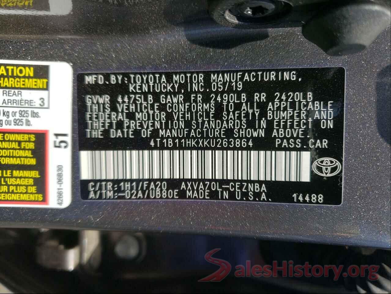 4T1B11HKXKU263864 2019 TOYOTA CAMRY