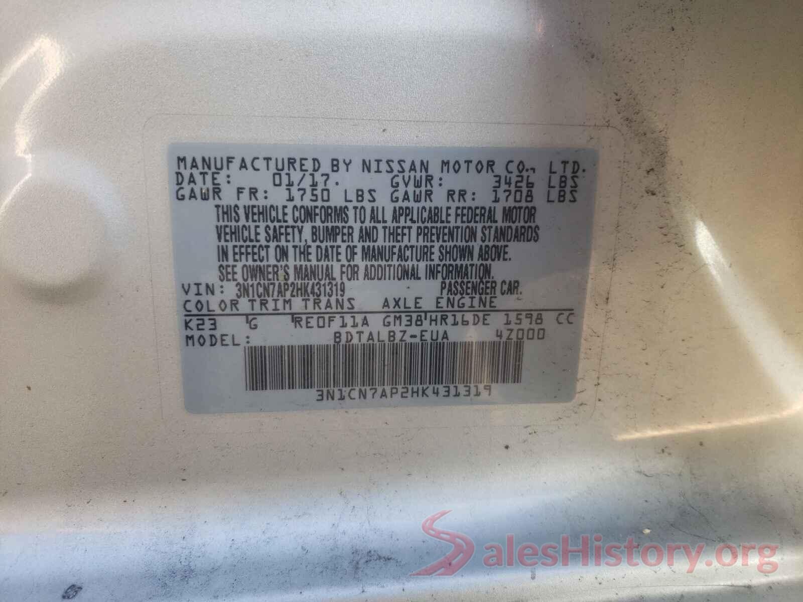 3N1CN7AP2HK431319 2017 NISSAN VERSA