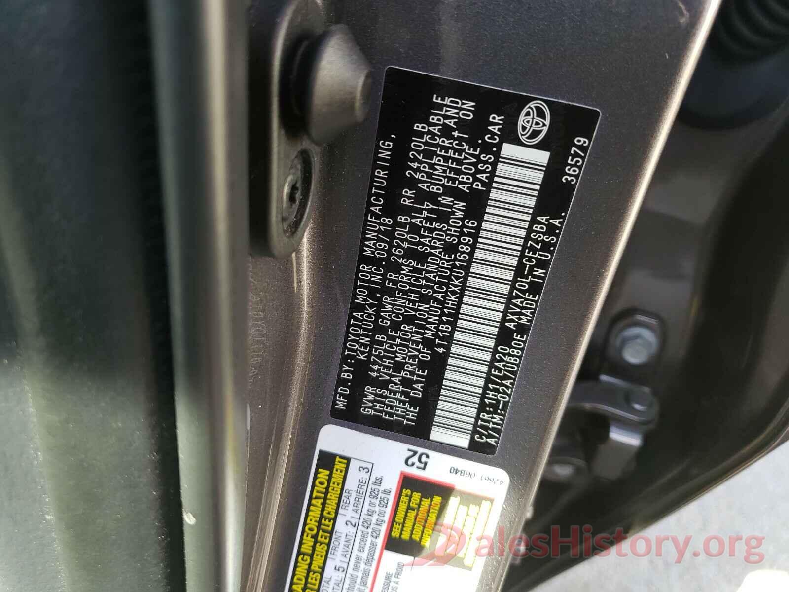 4T1B11HKXKU168916 2019 TOYOTA CAMRY