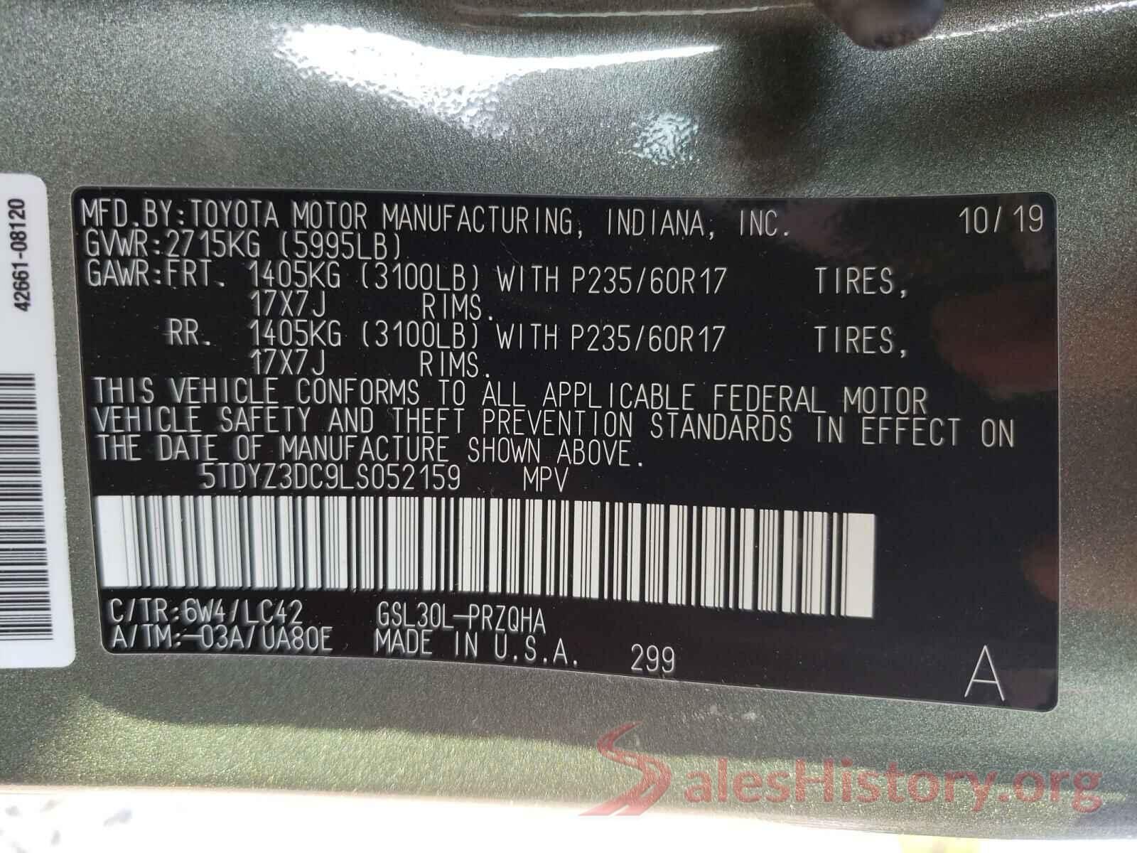 5TDYZ3DC9LS052159 2020 TOYOTA SIENNA