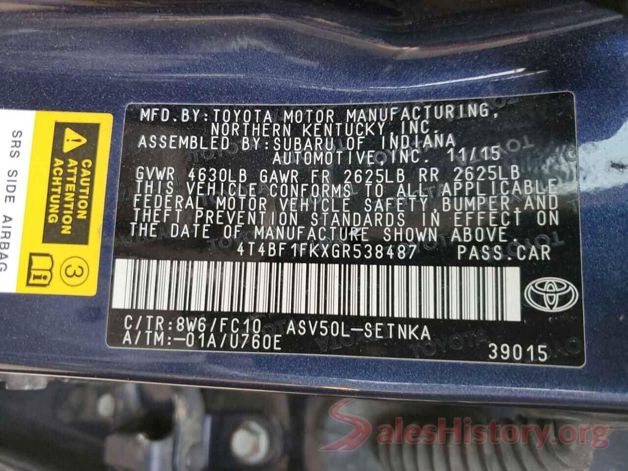 4T4BF1FKXGR538487 2016 TOYOTA CAMRY