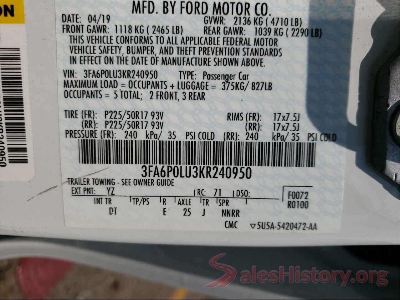 3FA6P0LU3KR240950 2019 FORD FUSION