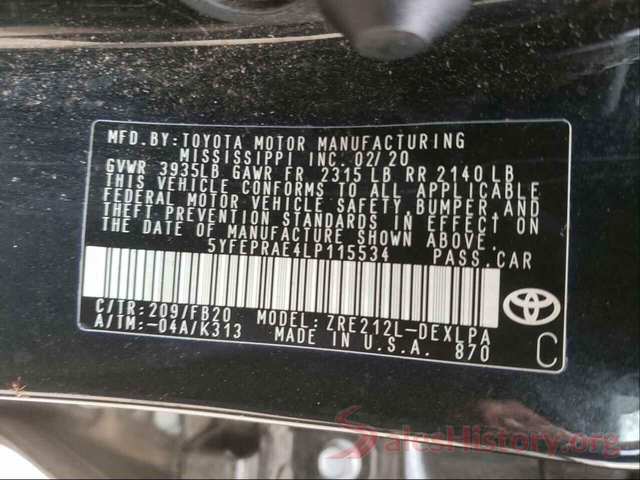 5YFEPRAE4LP115534 2020 TOYOTA COROLLA