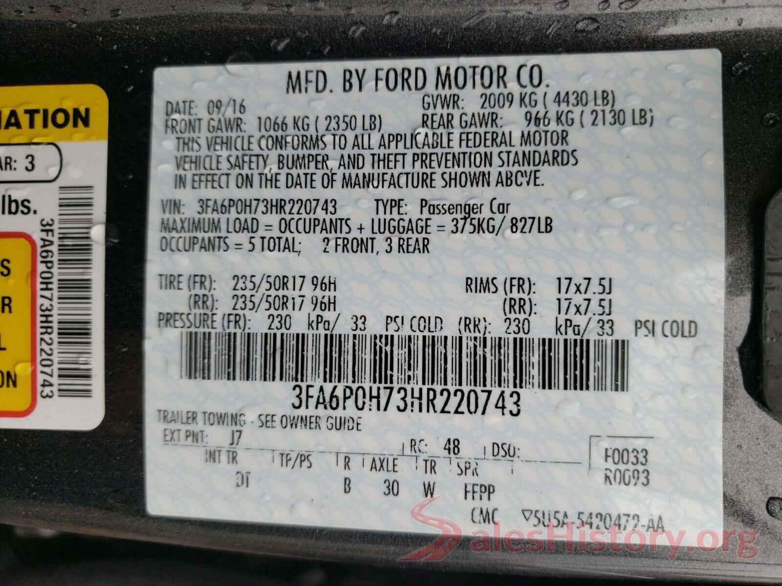 3FA6P0H73HR220743 2017 FORD FUSION