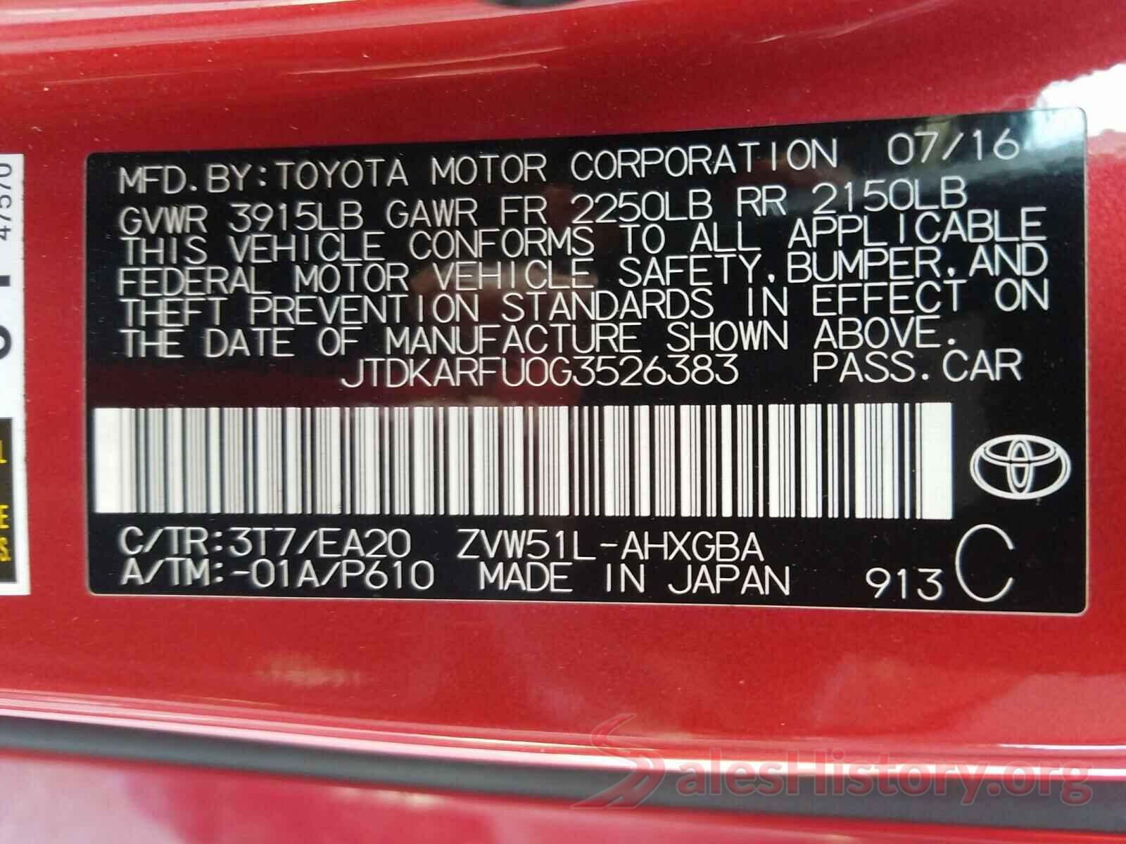 JTDKARFU0G3526383 2016 TOYOTA PRIUS