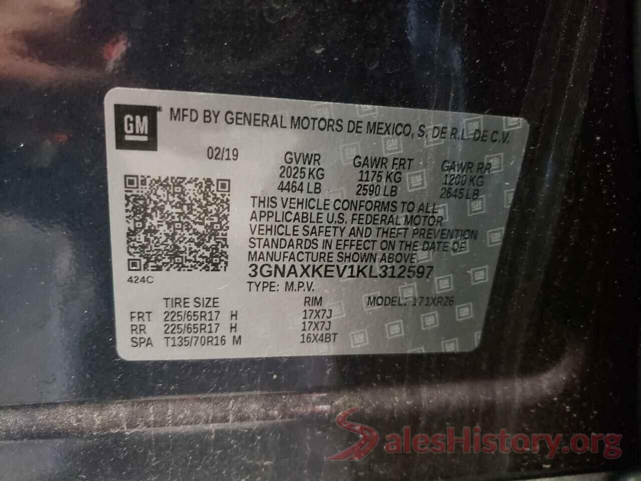 3GNAXKEV1KL312597 2019 CHEVROLET EQUINOX