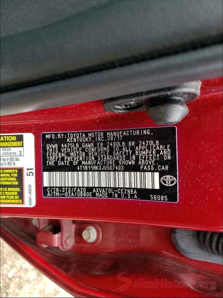 4T1B11HK3JU507403 2018 TOYOTA CAMRY