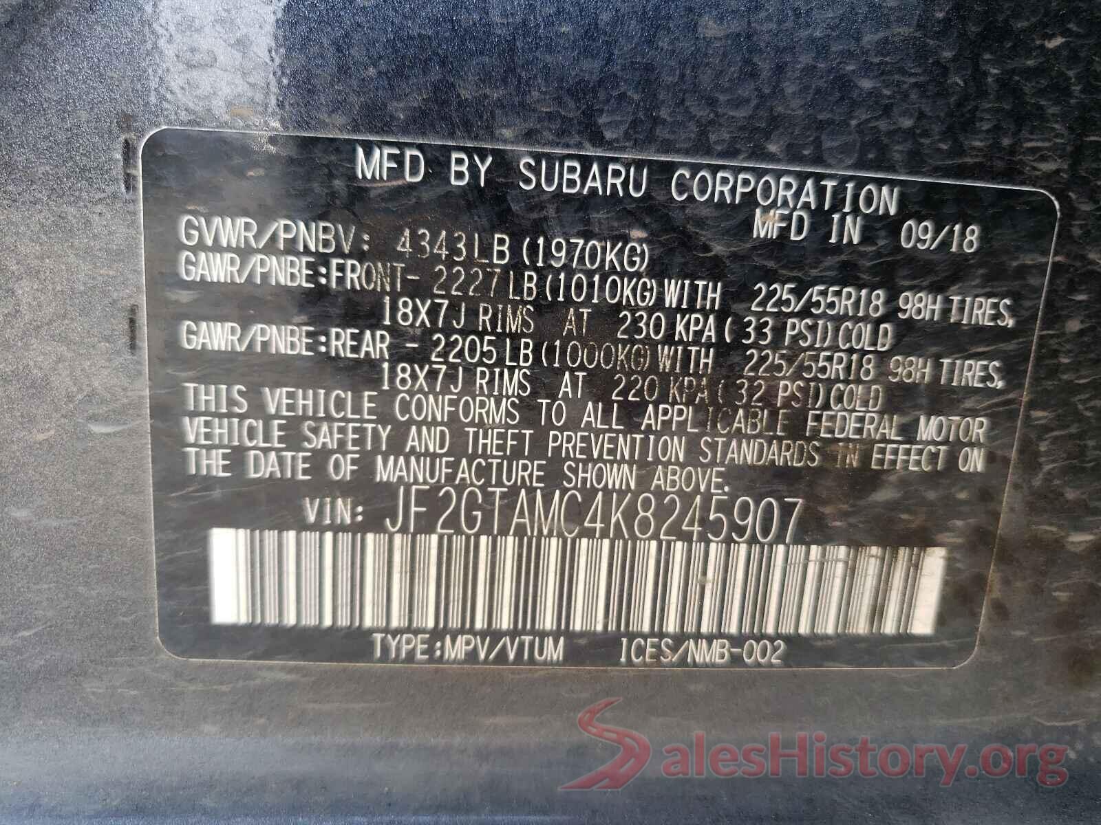 JF2GTAMC4K8245907 2019 SUBARU CROSSTREK