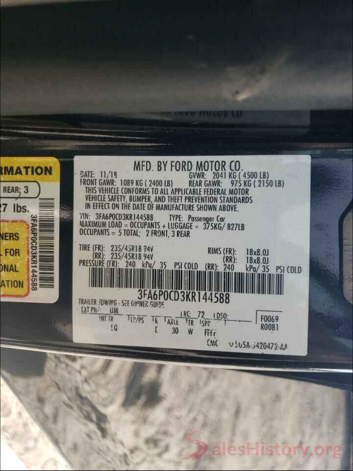 3FA6P0CD3KR144588 2019 FORD FUSION