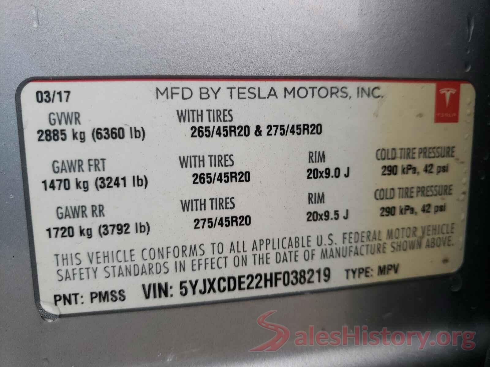 5YJXCDE22HF038219 2017 TESLA MODEL X