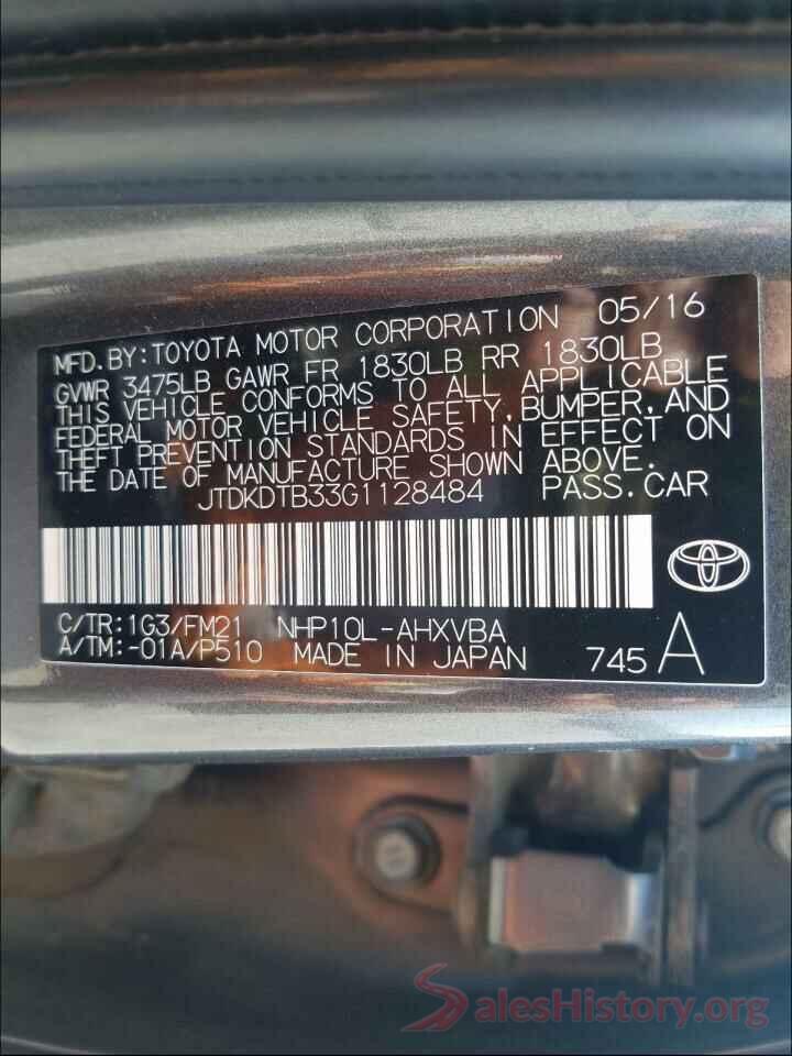 JTDKDTB33G1128484 2016 TOYOTA PRIUS