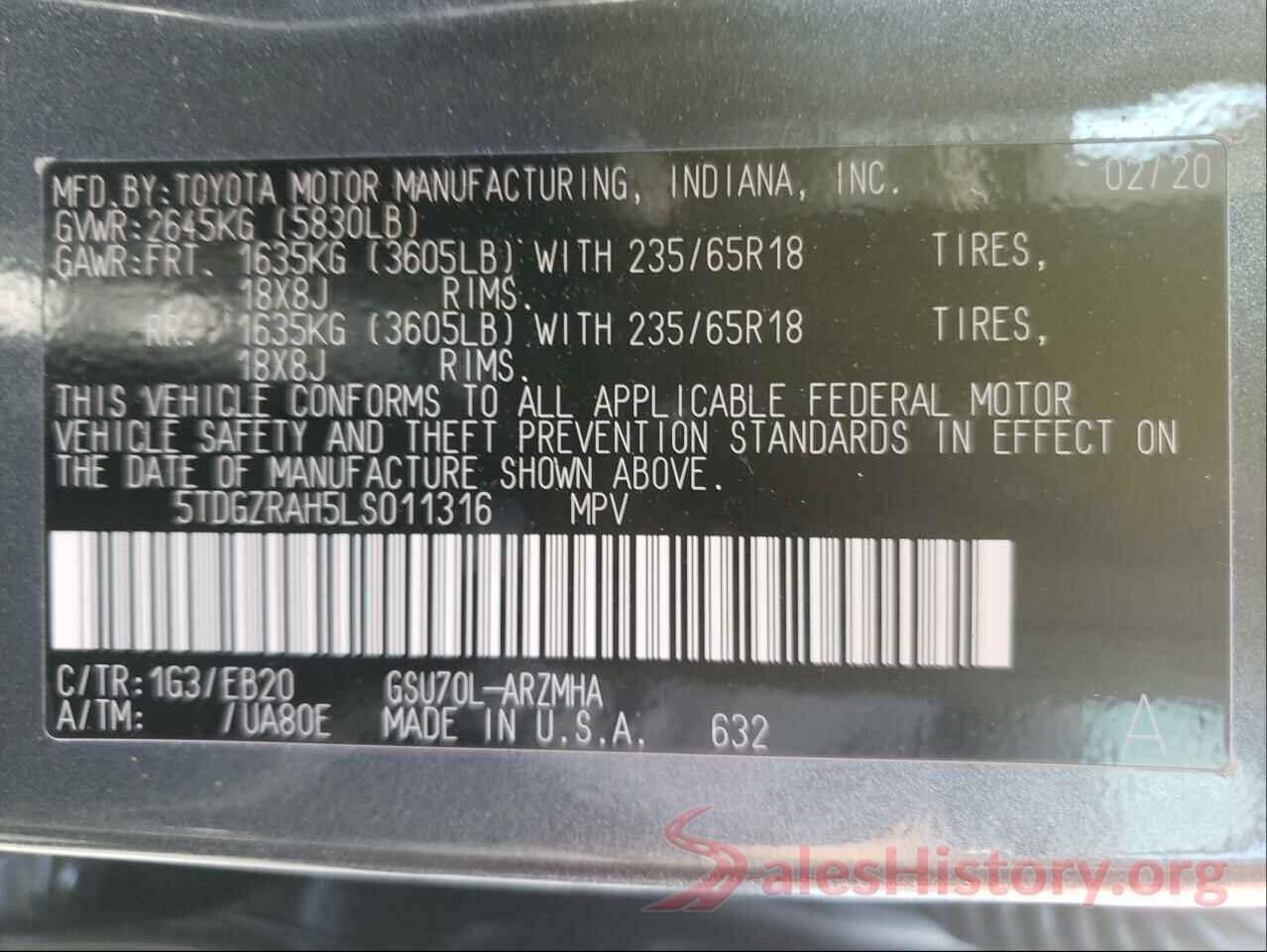 5TDGZRAH5LS011316 2020 TOYOTA HIGHLANDER