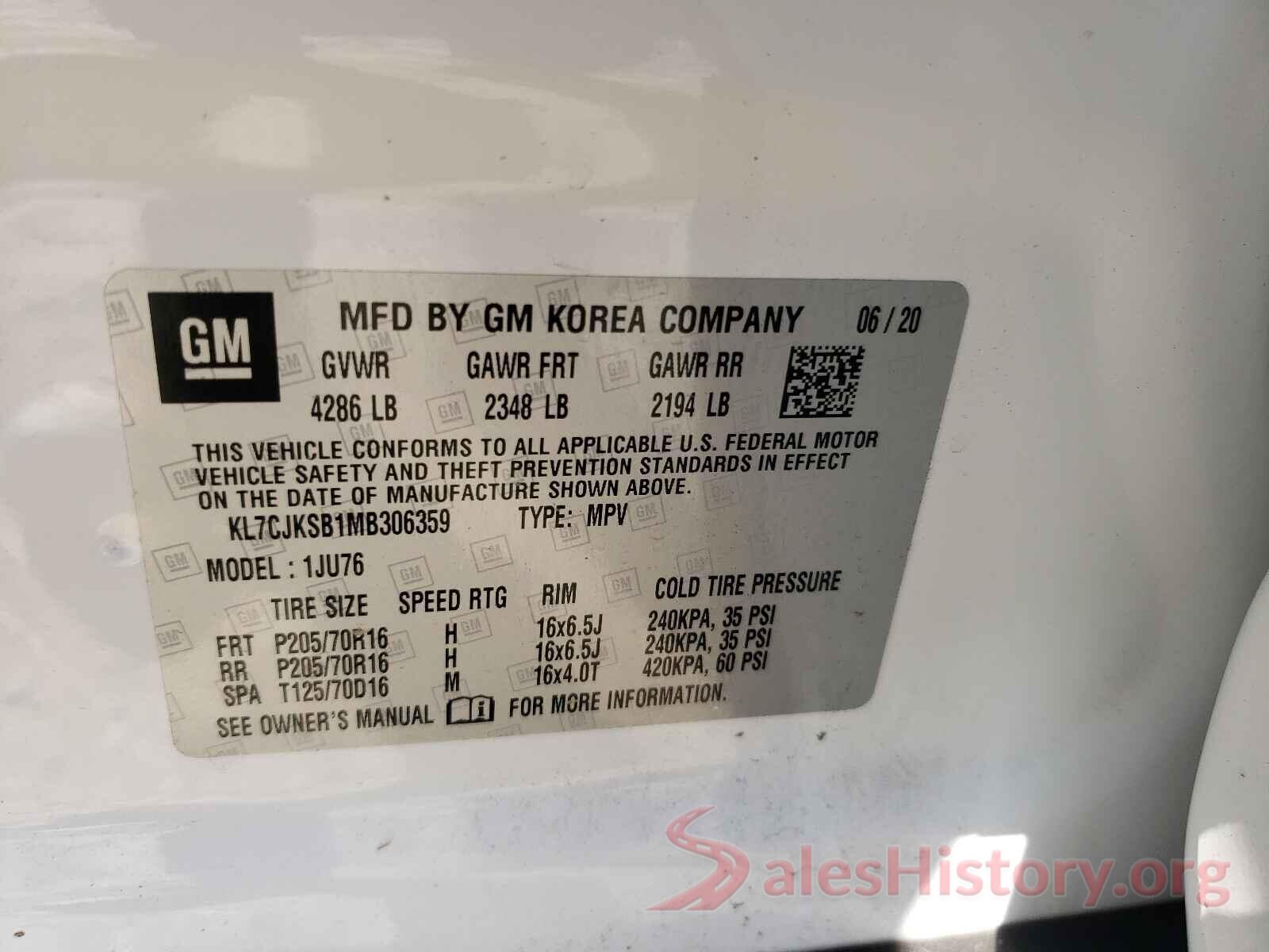 KL7CJKSB1MB306359 2021 CHEVROLET TRAX