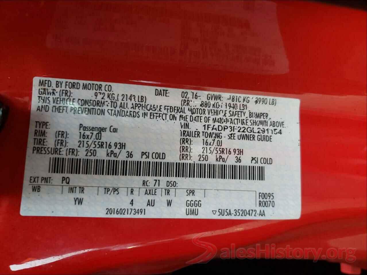 1FADP3F22GL291154 2016 FORD FOCUS