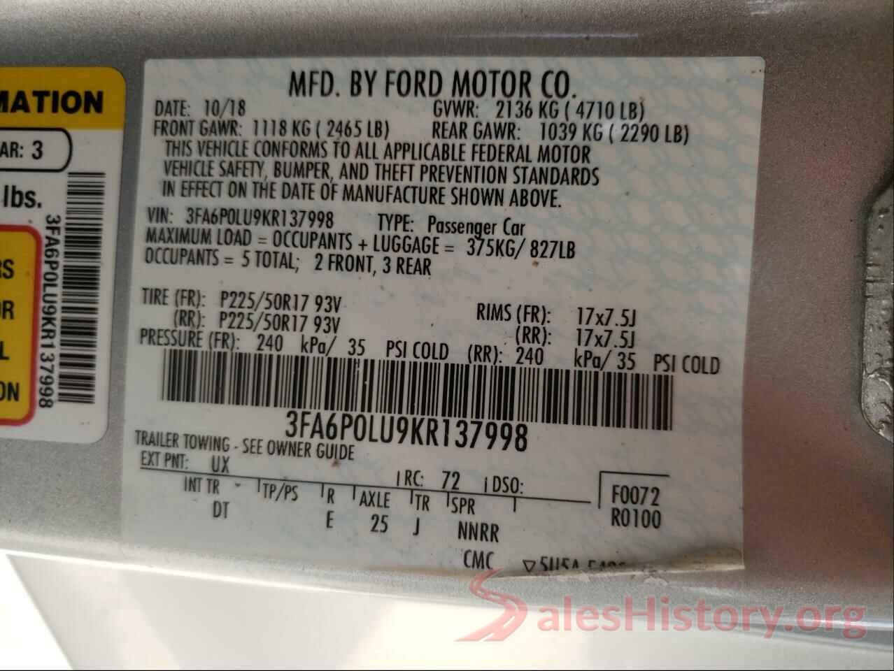 3FA6P0LU9KR137998 2019 FORD FUSION