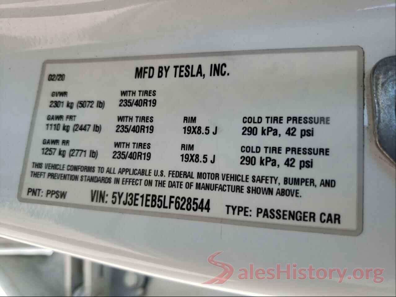 5YJ3E1EB5LF628544 2020 TESLA MODEL 3