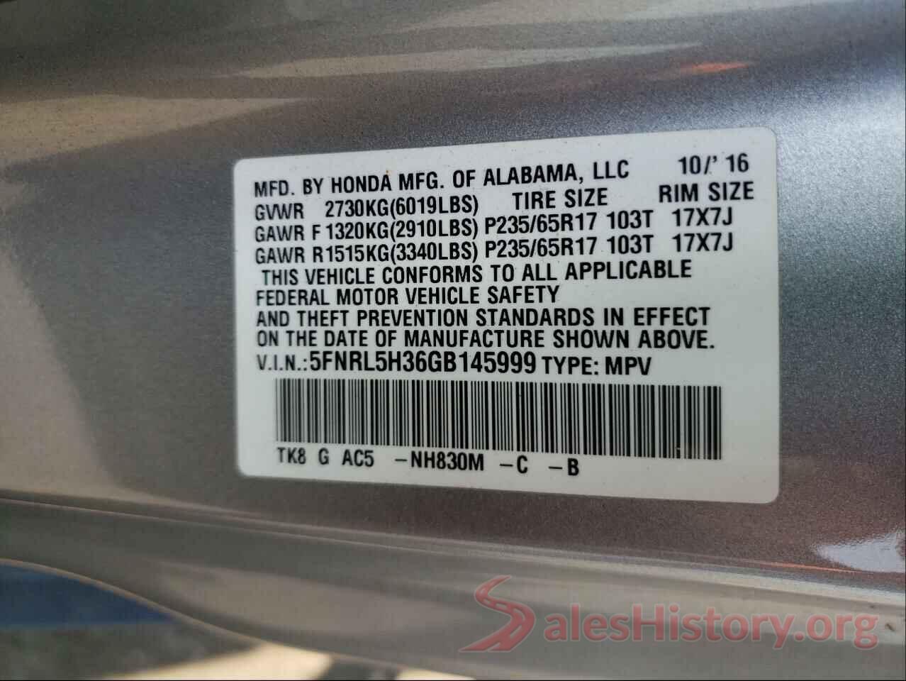 5FNRL5H36GB145999 2016 HONDA ODYSSEY