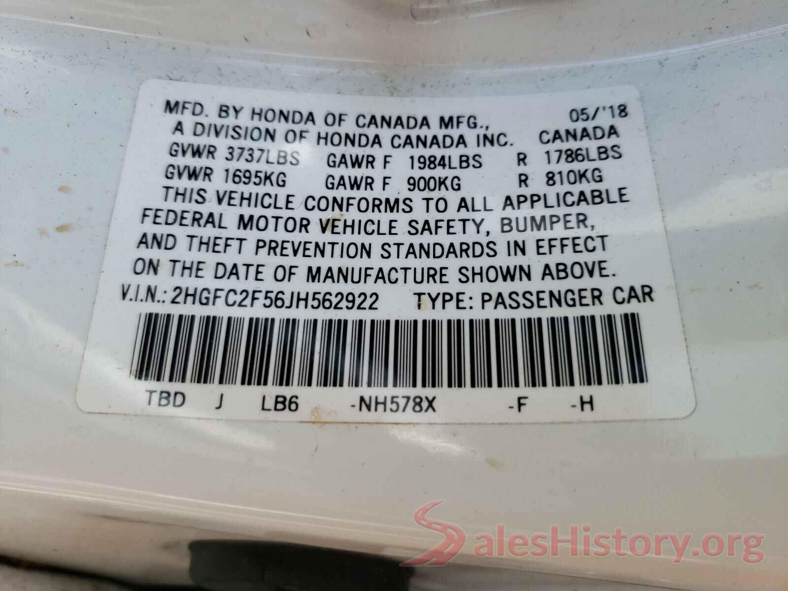 2HGFC2F56JH562922 2018 HONDA CIVIC