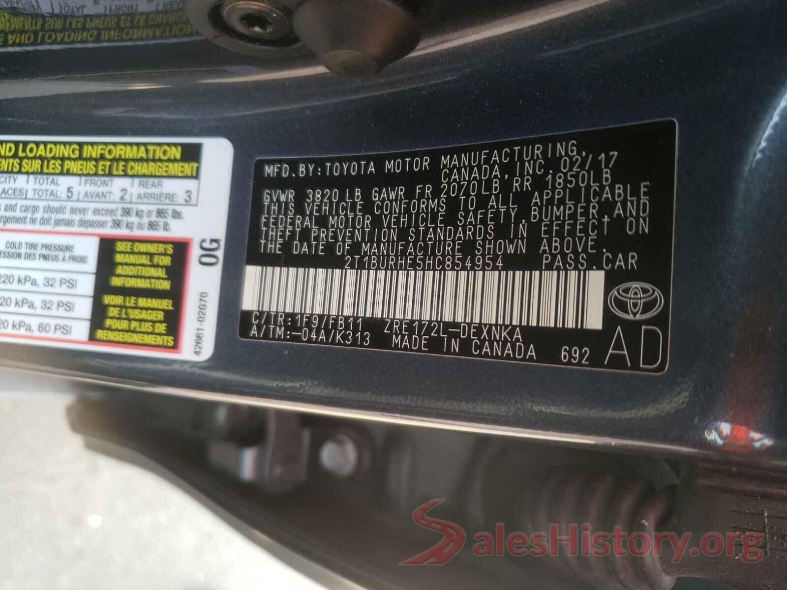 2T1BURHE5HC854954 2017 TOYOTA COROLLA