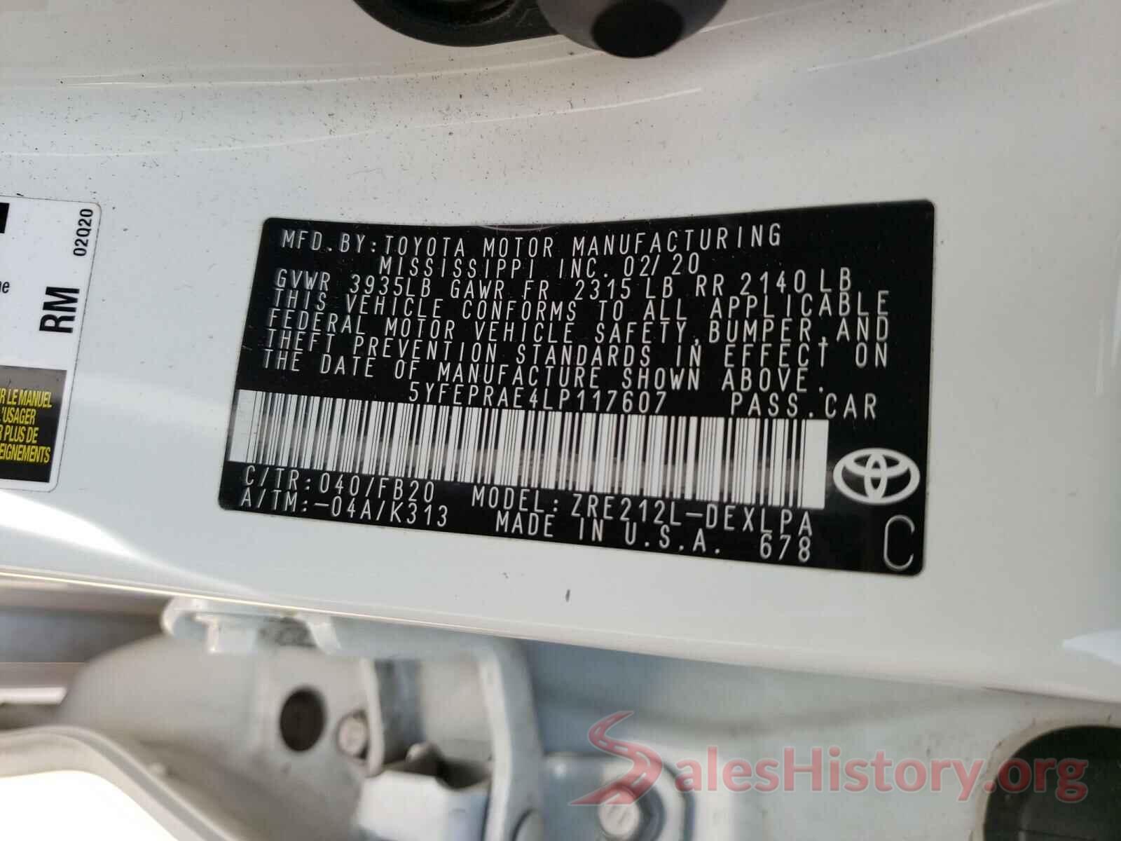 5YFEPRAE4LP117607 2020 TOYOTA COROLLA