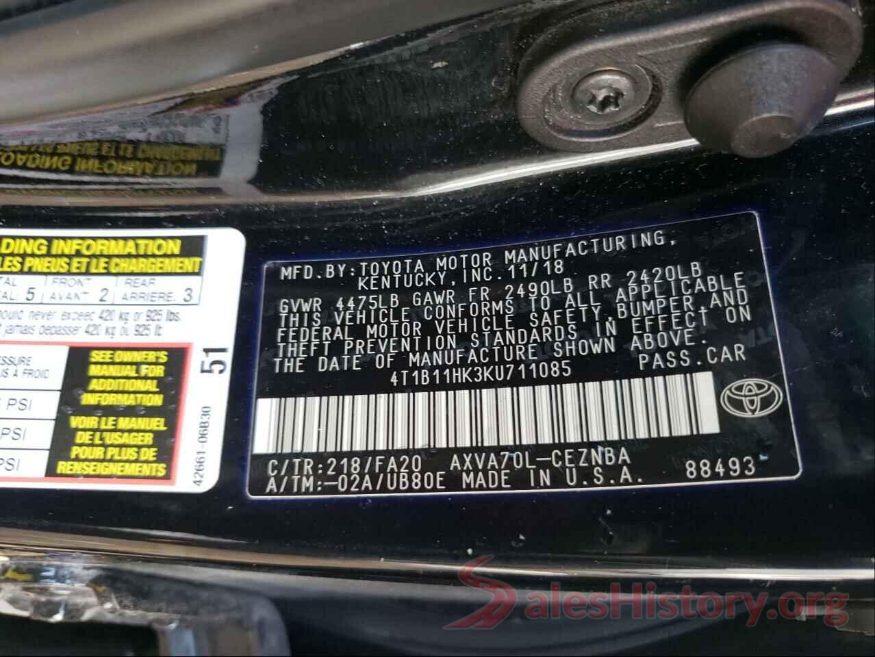 4T1B11HK3KU711085 2019 TOYOTA CAMRY