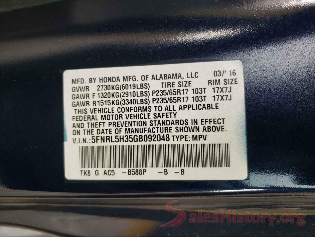 5FNRL5H35GB092048 2016 HONDA ODYSSEY