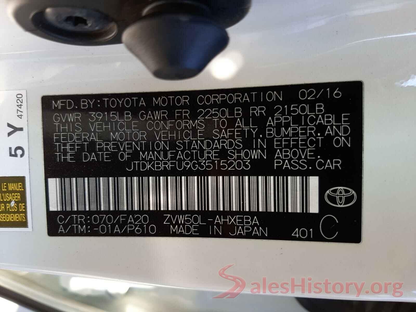 JTDKBRFU9G3515203 2016 TOYOTA PRIUS