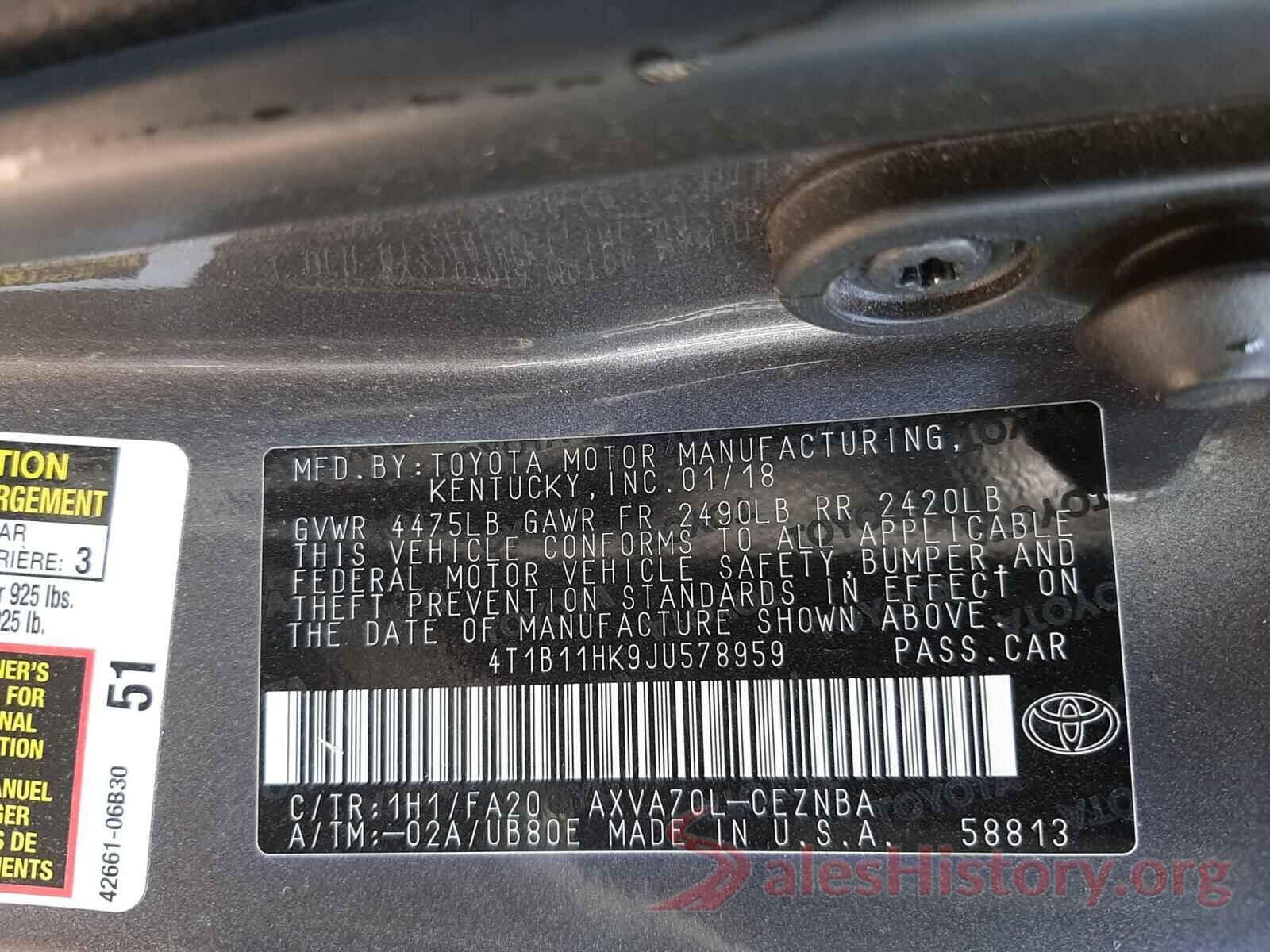 4T1B11HK9JU578959 2018 TOYOTA CAMRY