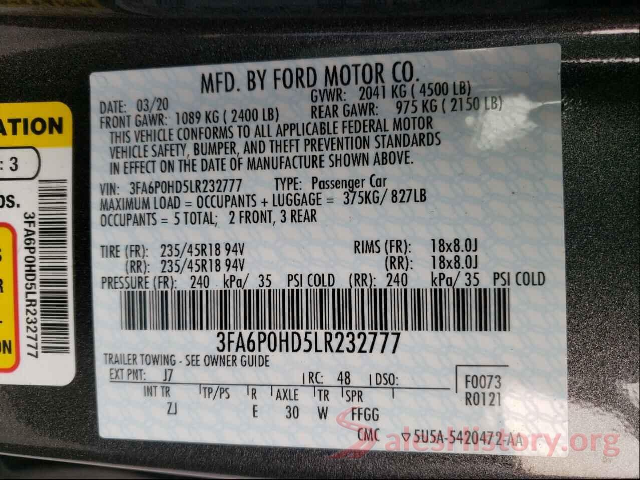 3FA6P0HD5LR232777 2020 FORD FUSION