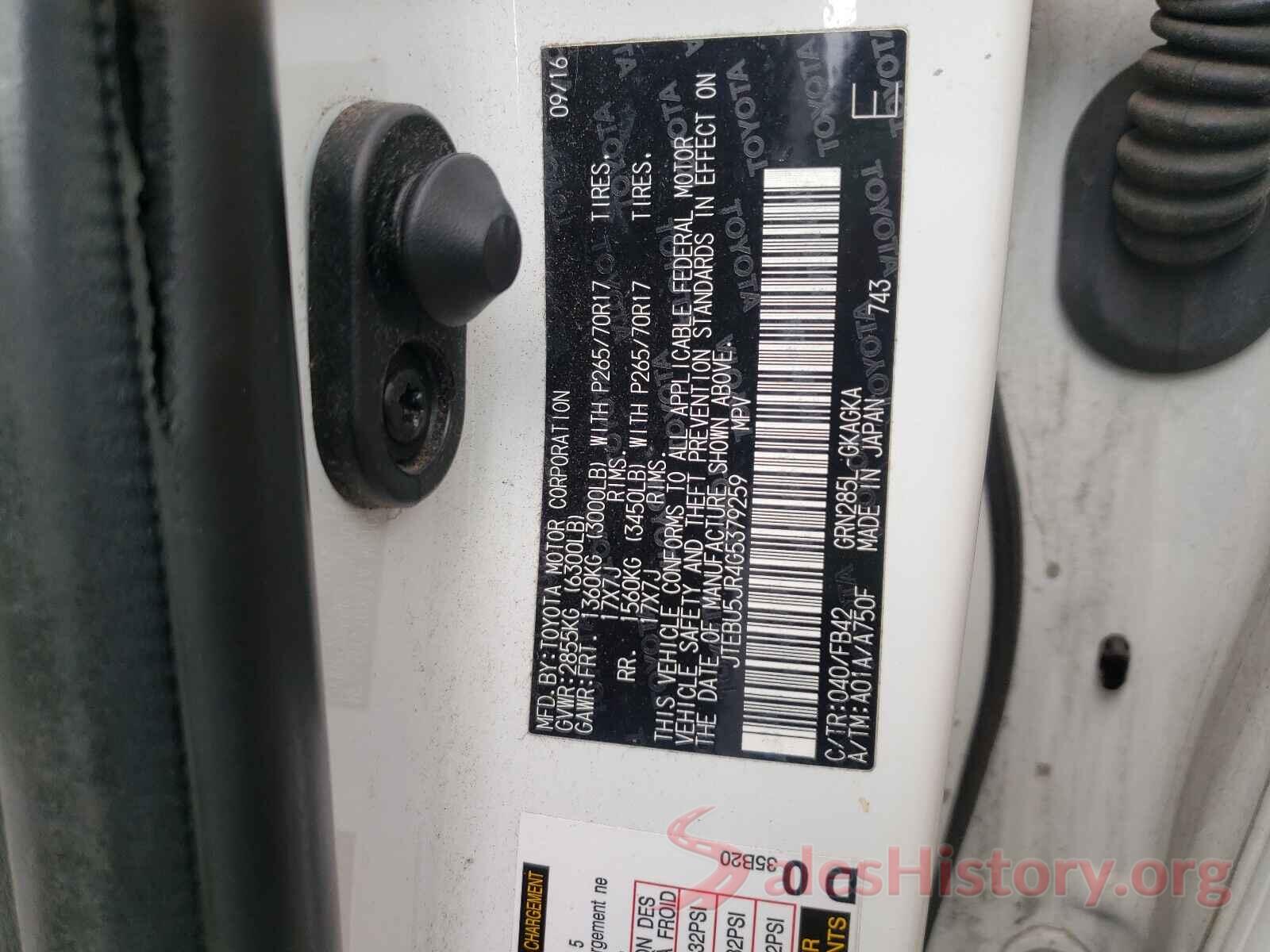 JTEBU5JR4G5379259 2016 TOYOTA 4RUNNER