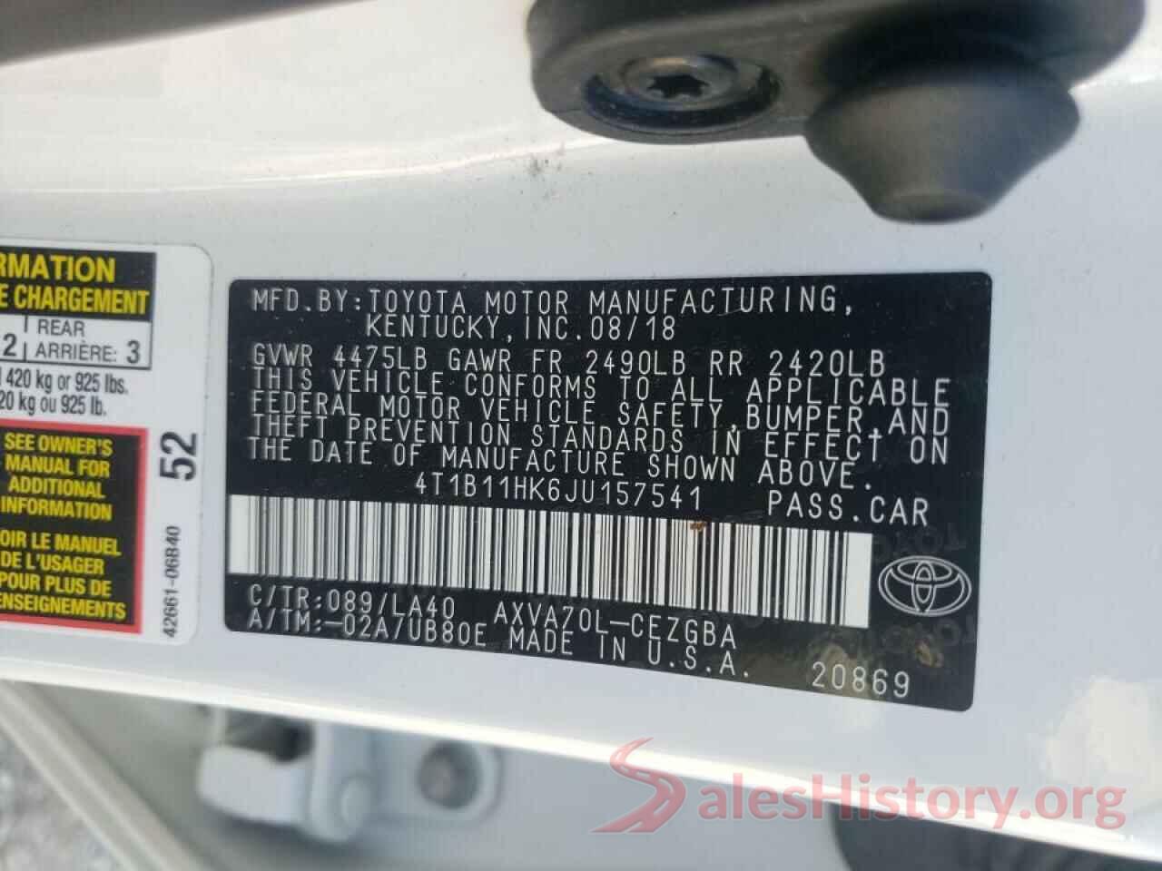 4T1B11HK6JU157541 2018 TOYOTA CAMRY