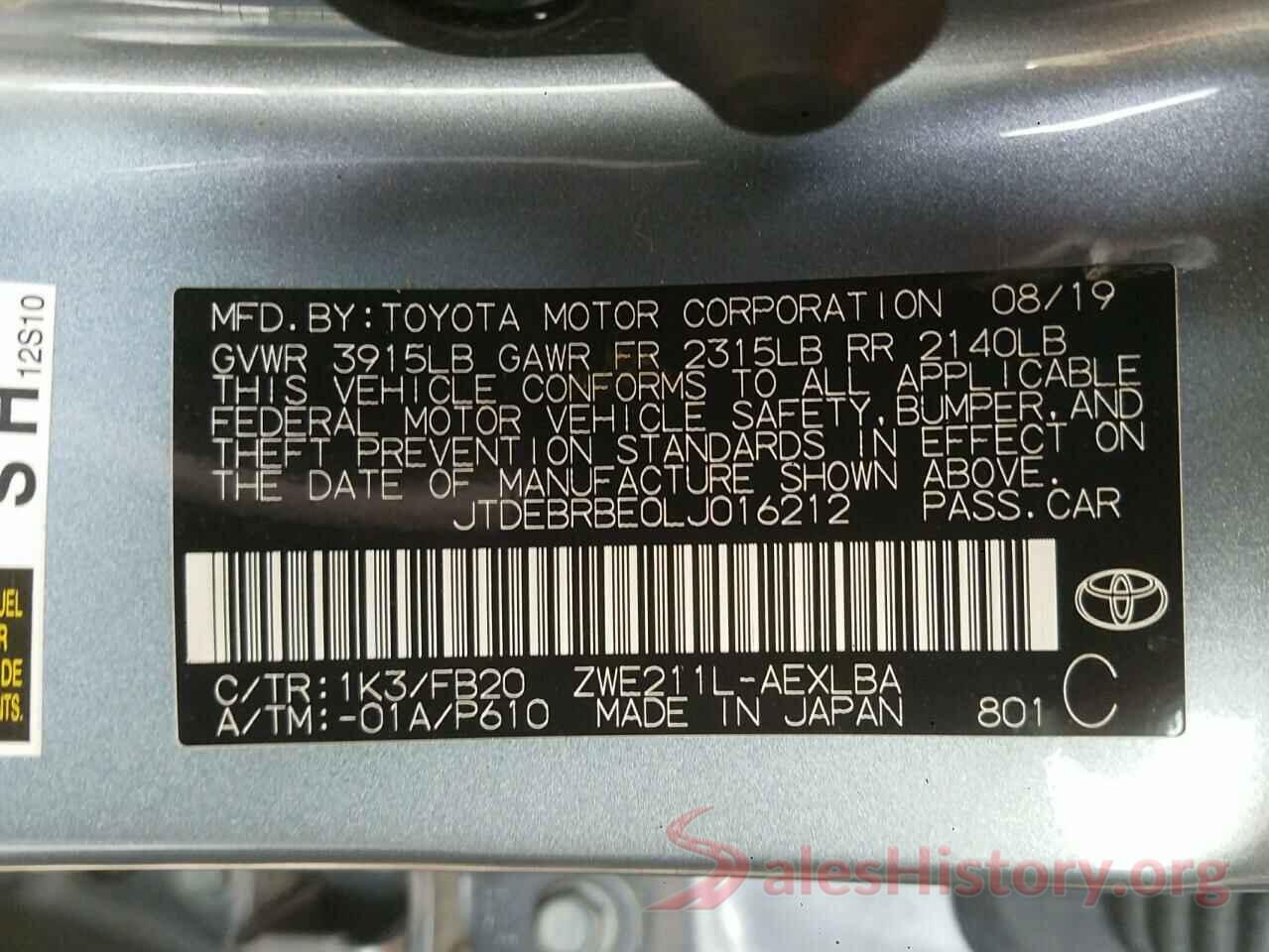 JTDEBRBE0LJ016212 2020 TOYOTA COROLLA