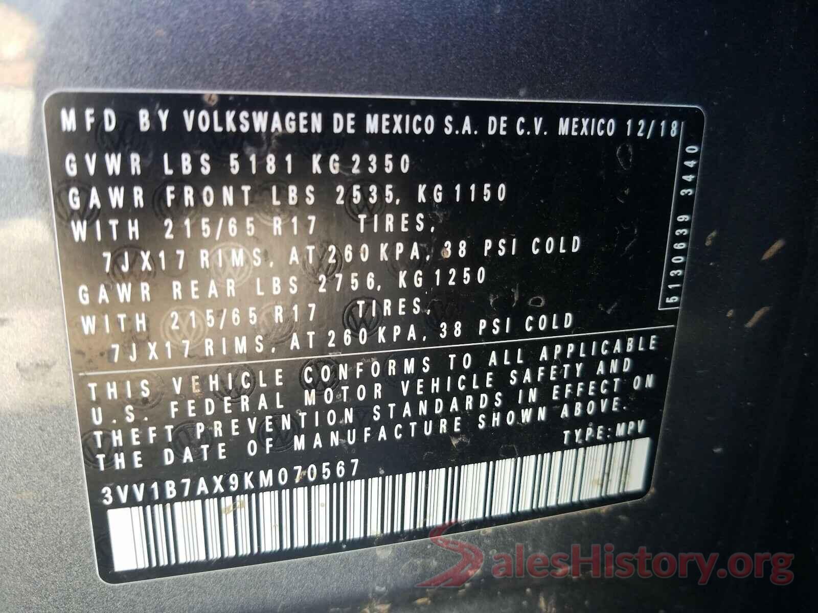 3VV1B7AX9KM070567 2019 VOLKSWAGEN TIGUAN