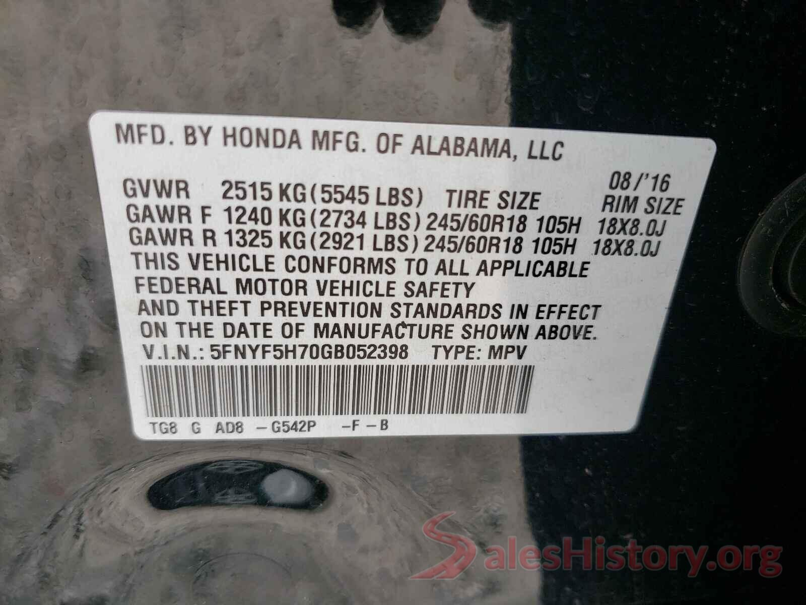 5FNYF5H70GB052398 2016 HONDA PILOT