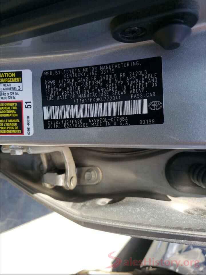 4T1B11HK9KU772344 2019 TOYOTA CAMRY