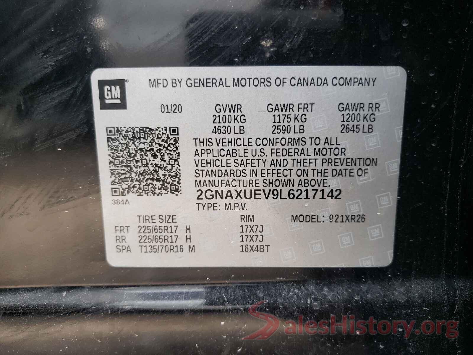 2GNAXUEV9L6217142 2020 CHEVROLET EQUINOX