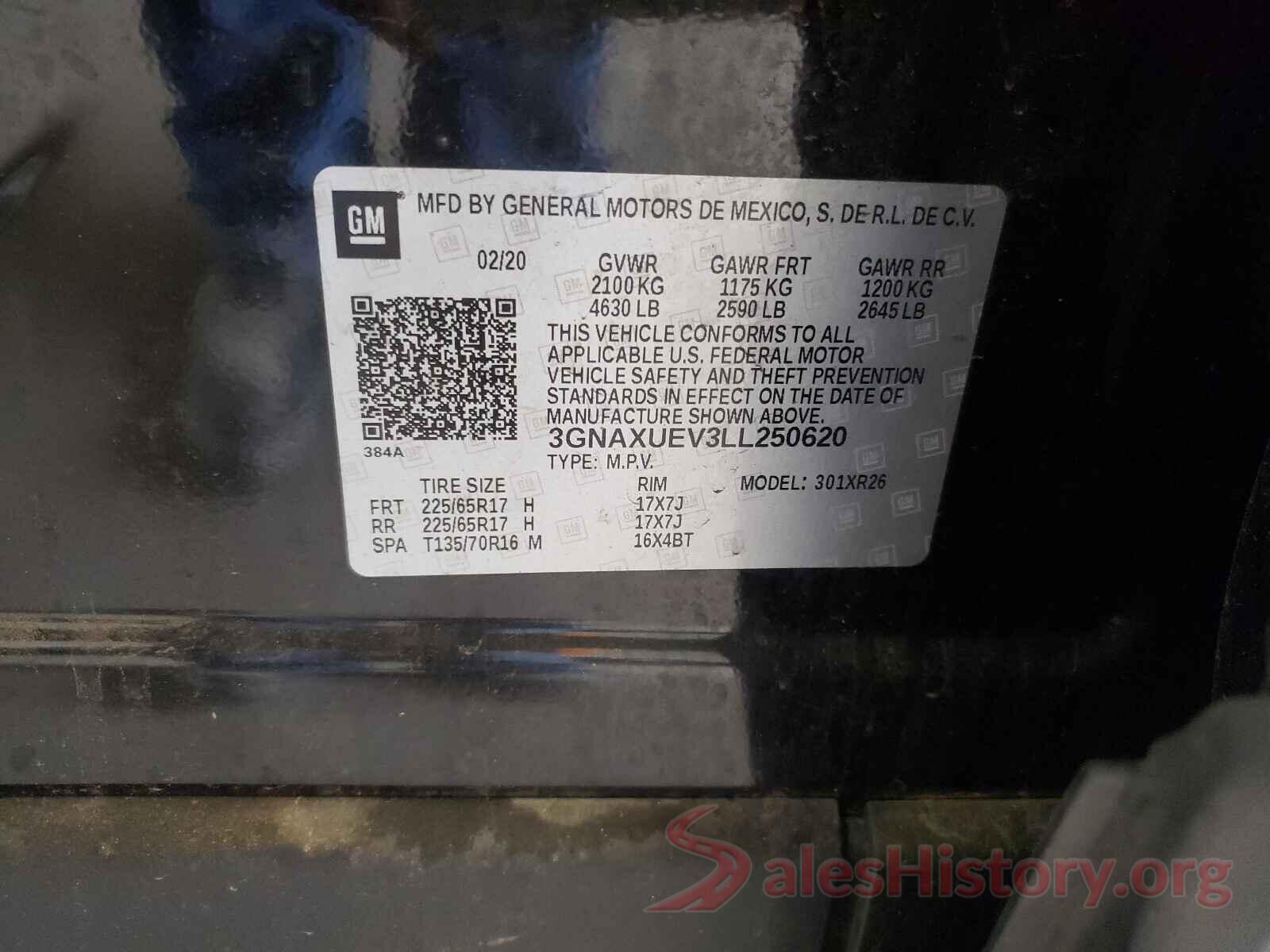 3GNAXUEV3LL250620 2020 CHEVROLET EQUINOX