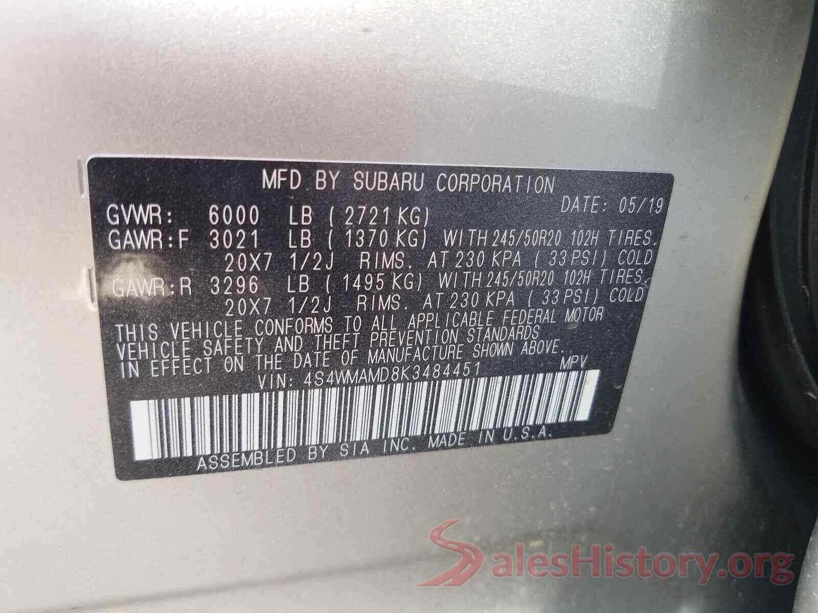 4S4WMAMD8K3484451 2019 SUBARU ASCENT