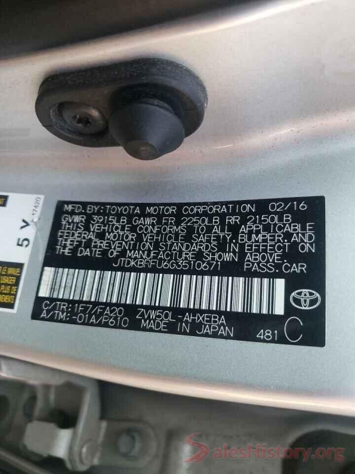 JTDKBRFU6G3510671 2016 TOYOTA PRIUS