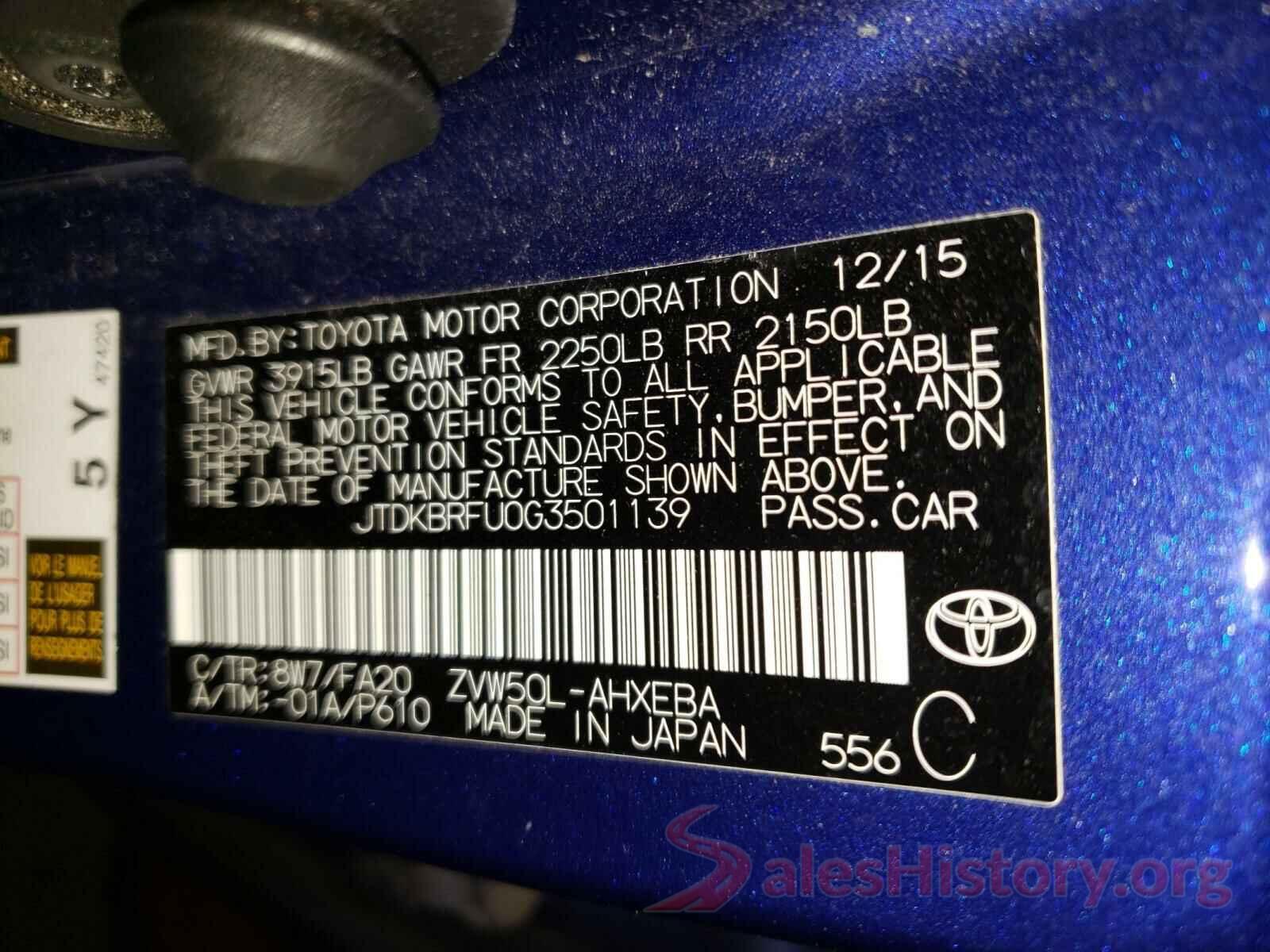 JTDKBRFU0G3501139 2016 TOYOTA PRIUS