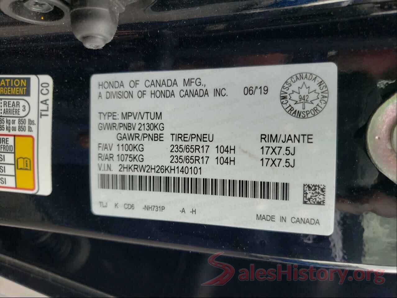 2HKRW2H26KH140101 2019 HONDA CRV