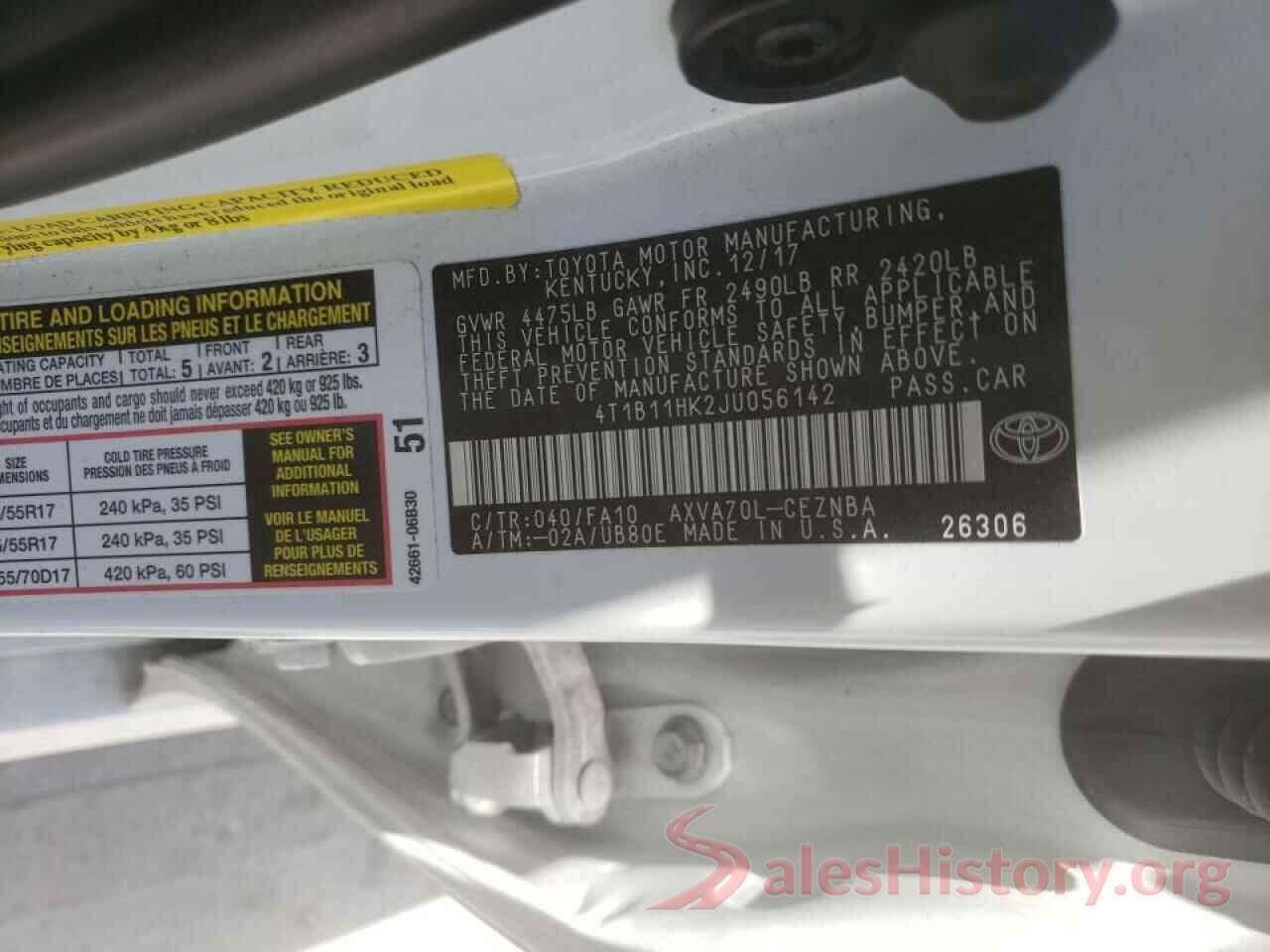 4T1B11HK2JU056142 2018 TOYOTA CAMRY