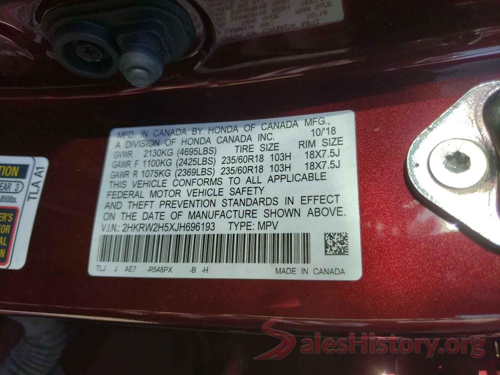 2HKRW2H5XJH696193 2018 HONDA CRV