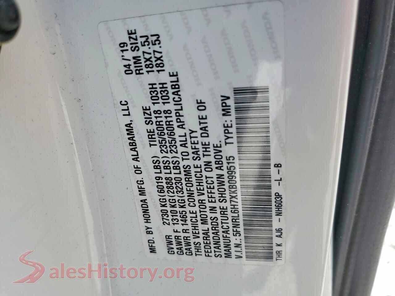 2019 HONDA ODYSSEY VIN 5FNRL6H7XKB099515, damage close-up