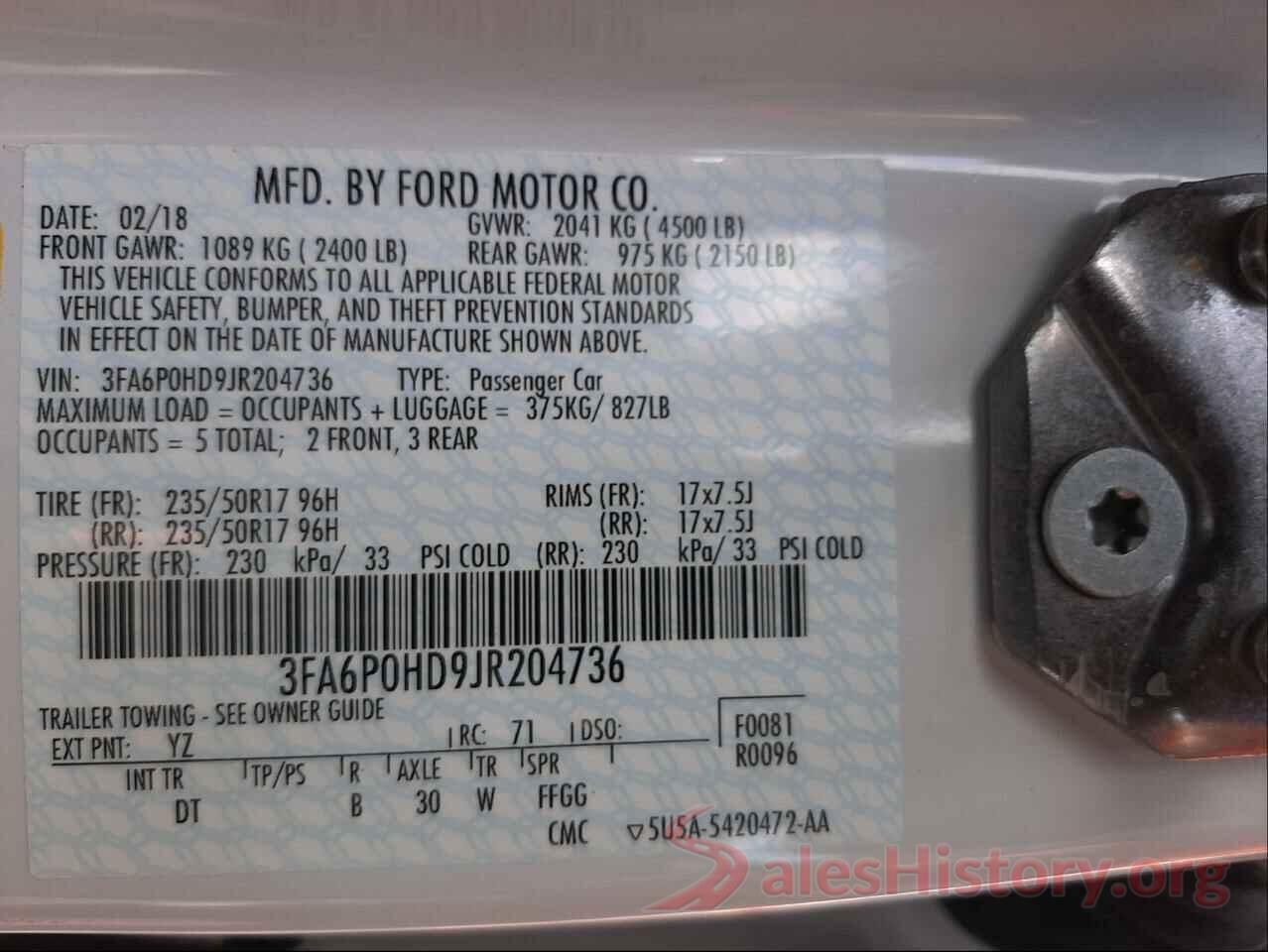 3FA6P0HD9JR204736 2018 FORD FUSION